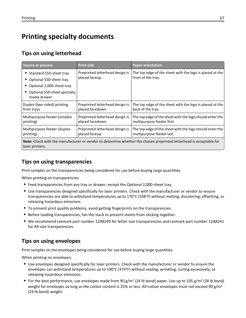 Printing specialty documents, Tips on using letterhead, Tips on using transparencies | Tips on using envelopes | Lexmark 410 User Manual | Page 67 / 213