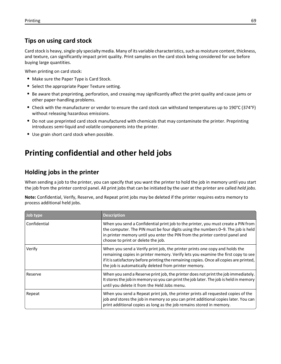 Tips on using card stock, Printing confidential and other held jobs, Holding jobs in the printer | Lexmark 410 User Manual | Page 69 / 213