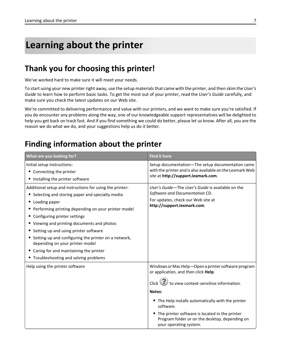 Learning about the printer, Thank you for choosing this printer, Finding information about the printer | Lexmark 410 User Manual | Page 7 / 213