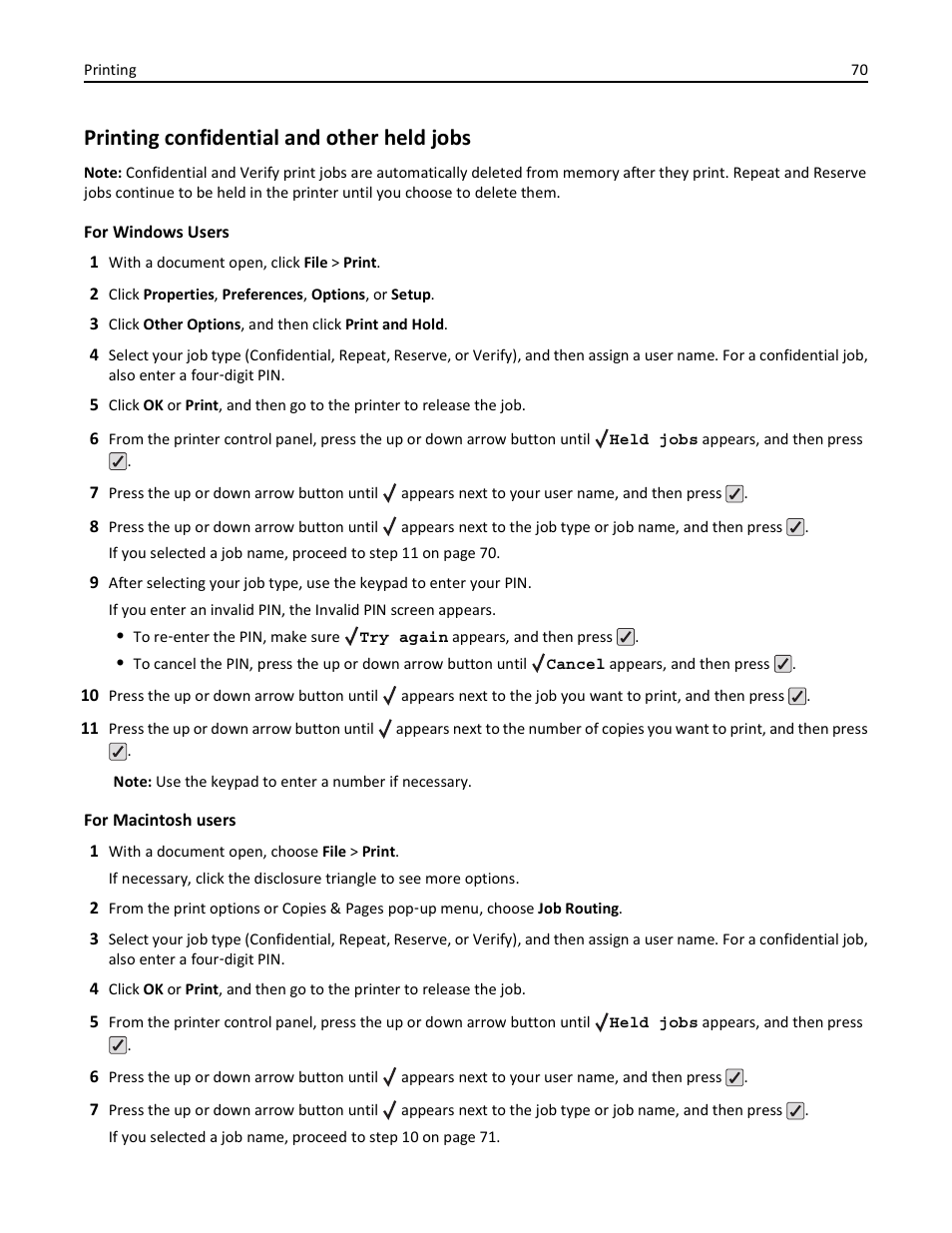 Printing confidential and other held jobs | Lexmark 410 User Manual | Page 70 / 213