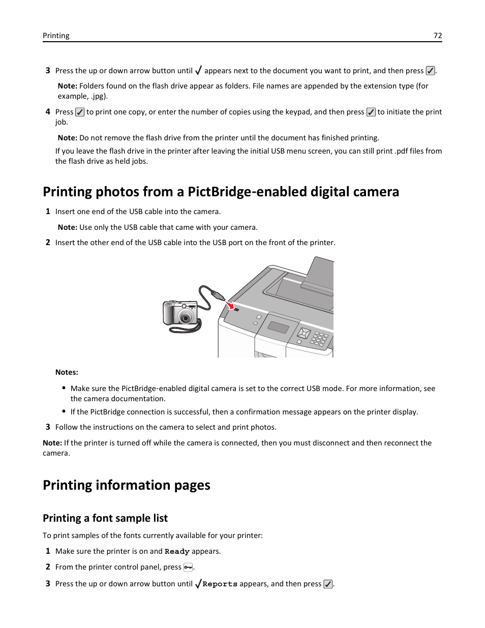 Printing a font sample list, Printing photos from a pictbridge, Enabled digital camera | Printing information pages | Lexmark 410 User Manual | Page 72 / 213