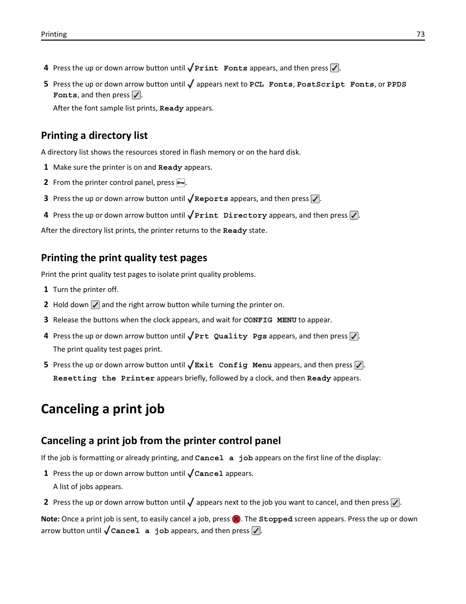 Printing a directory list, Canceling a print job, Printing the print quality test pages | Lexmark 410 User Manual | Page 73 / 213