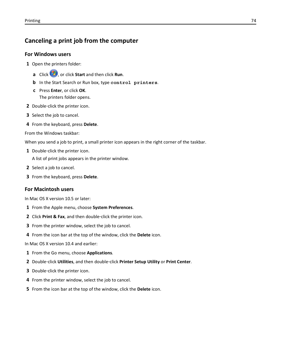 Canceling a print job from the computer | Lexmark 410 User Manual | Page 74 / 213