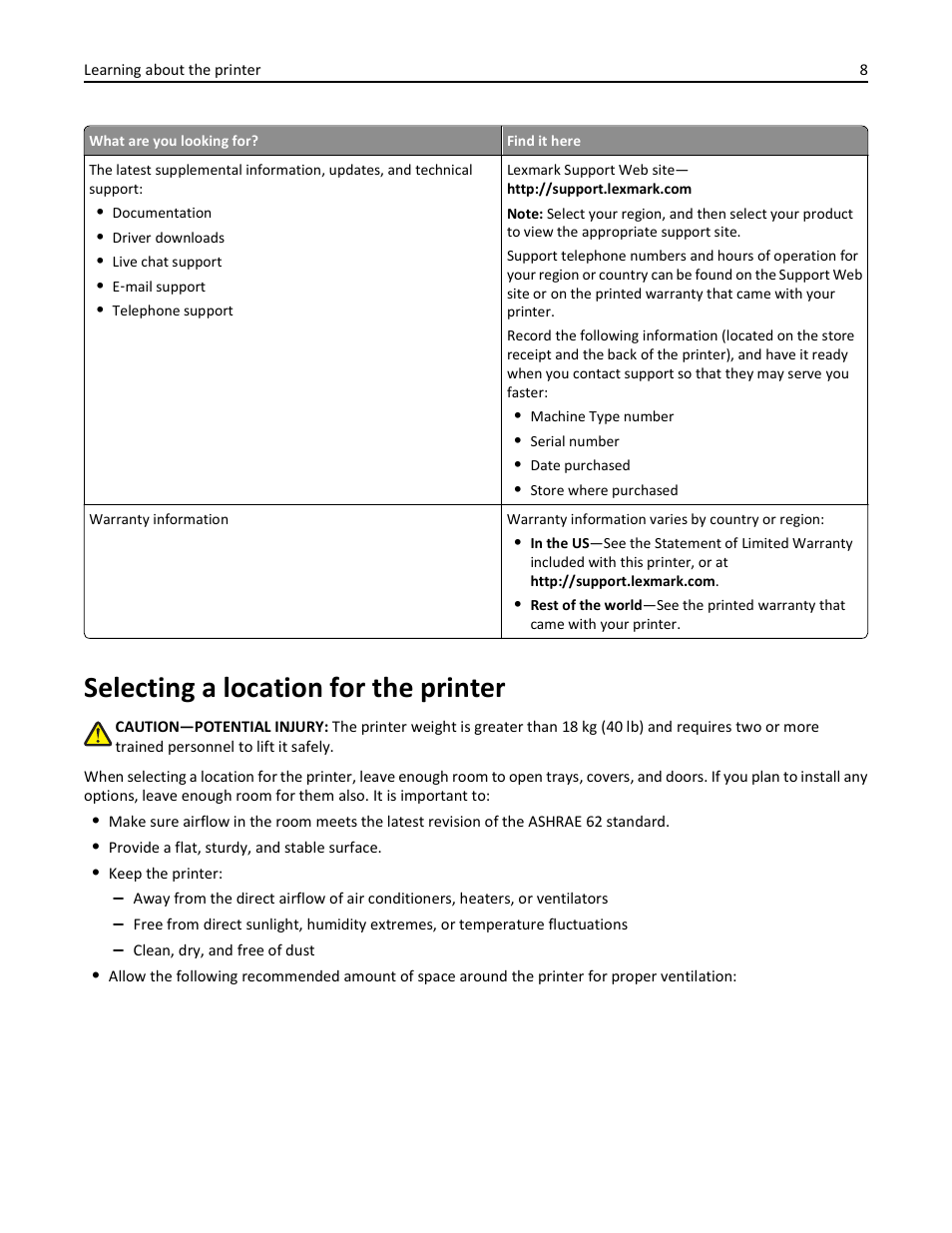 Selecting a location for the printer | Lexmark 410 User Manual | Page 8 / 213