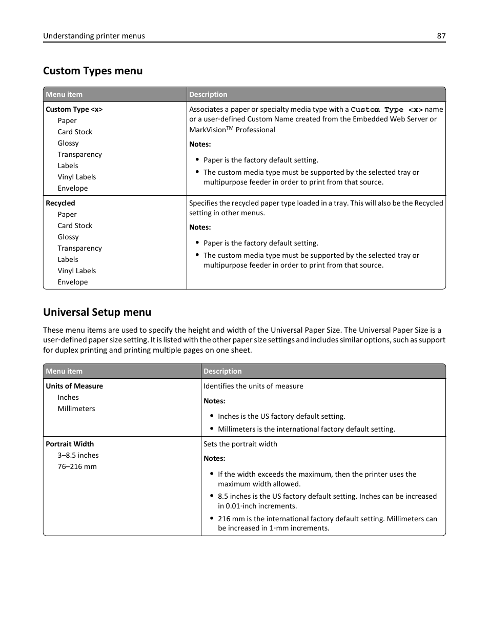 Custom types menu, Universal setup menu | Lexmark 410 User Manual | Page 87 / 213