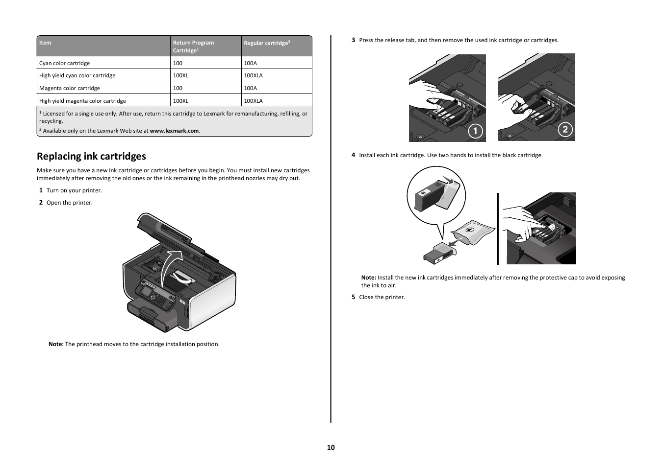 Replacing ink cartridges | Lexmark PRO700 User Manual | Page 10 / 24