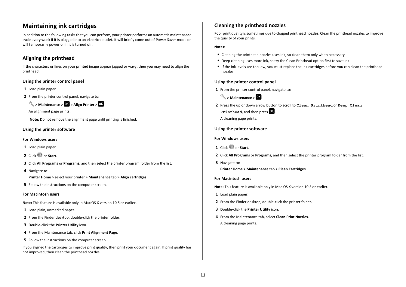Maintaining ink cartridges, Aligning the printhead, Cleaning the printhead nozzles | Lexmark PRO700 User Manual | Page 11 / 24