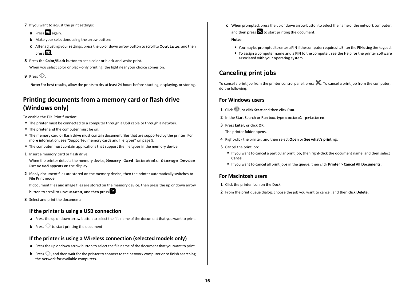 Canceling print jobs | Lexmark PRO700 User Manual | Page 16 / 24
