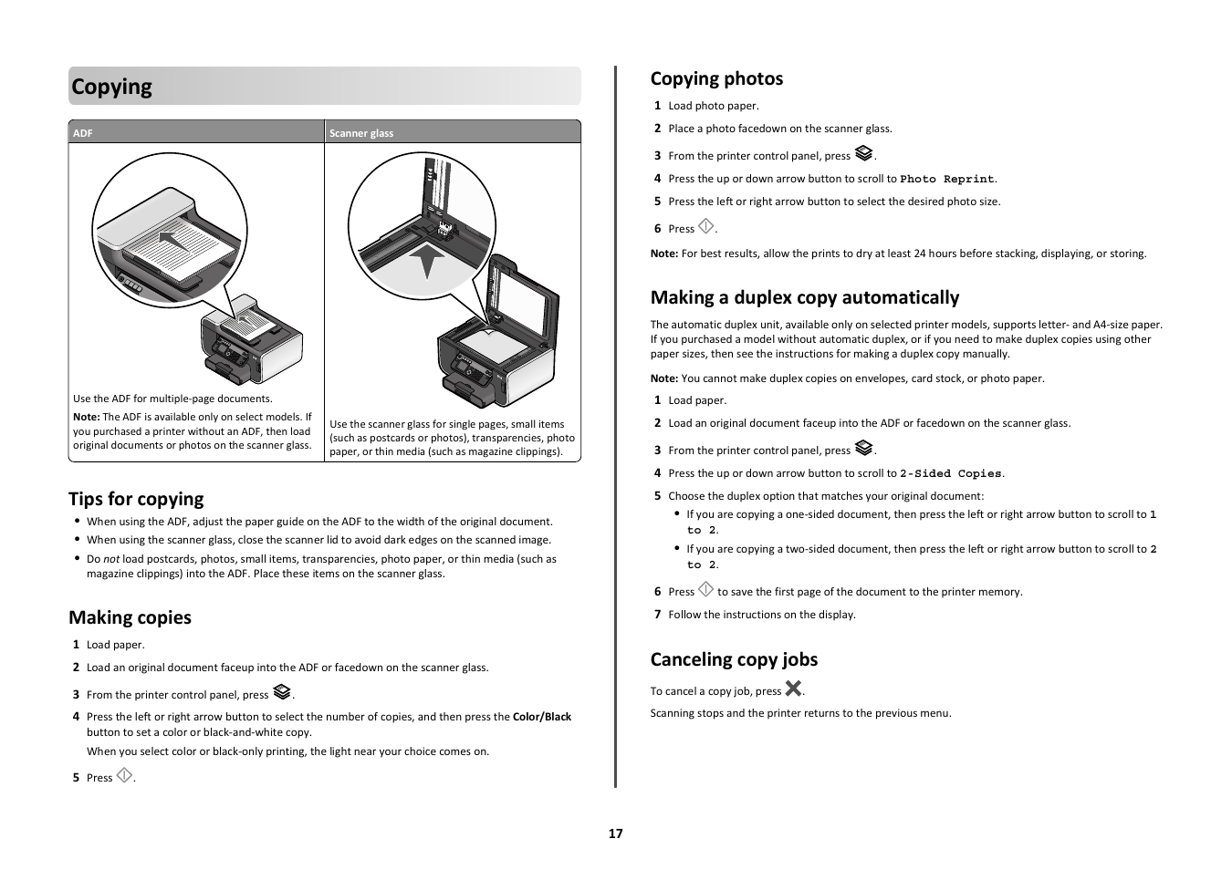 Copying, Tips for copying, Making copies | Copying photos, Making a duplex copy automatically, Canceling copy jobs | Lexmark PRO700 User Manual | Page 17 / 24