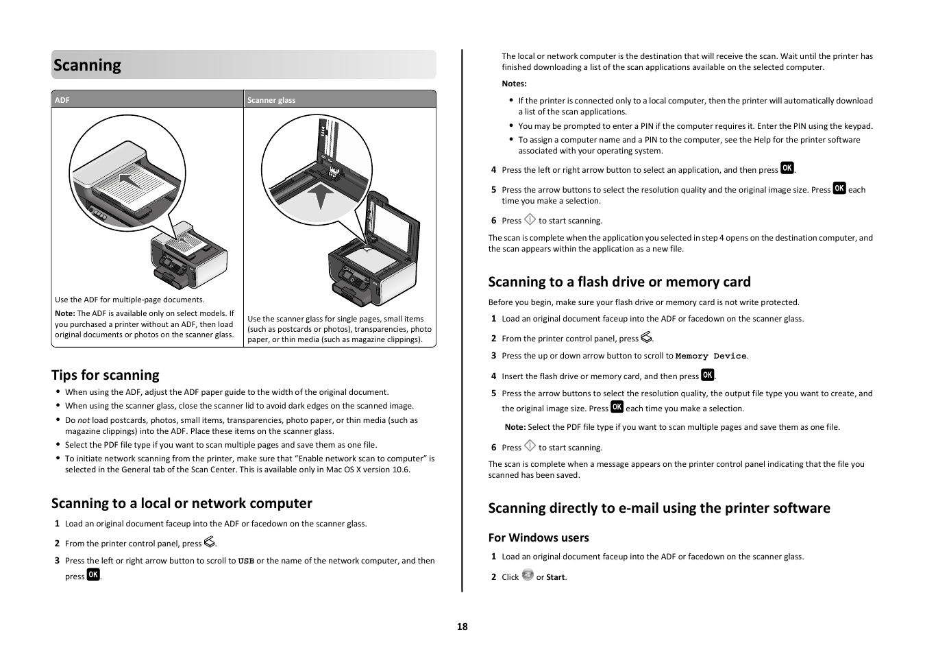 Scanning, Tips for scanning, Scanning to a local or network computer | Scanning to a flash drive or memory card | Lexmark PRO700 User Manual | Page 18 / 24