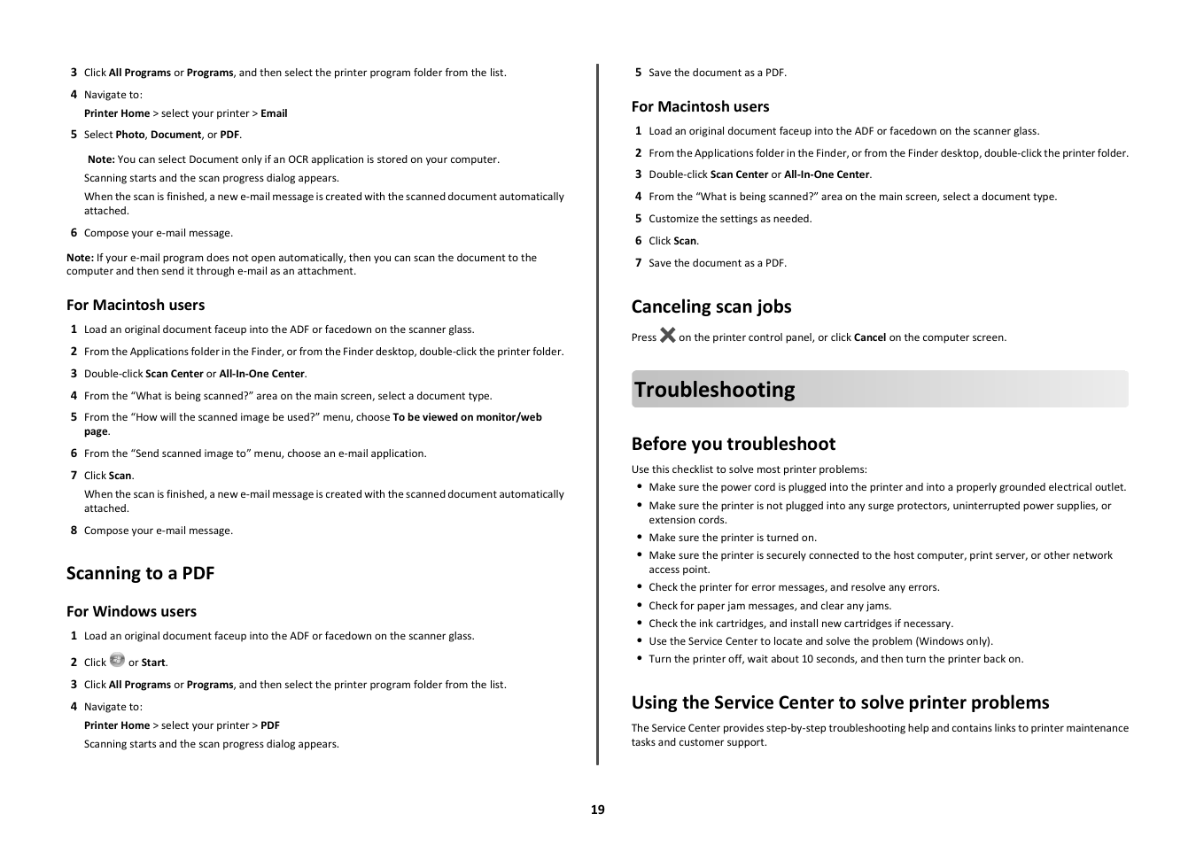 Scanning to a pdf, Canceling scan jobs, Troubleshooting | Before you troubleshoot, Using the service center to solve printer problems | Lexmark PRO700 User Manual | Page 19 / 24