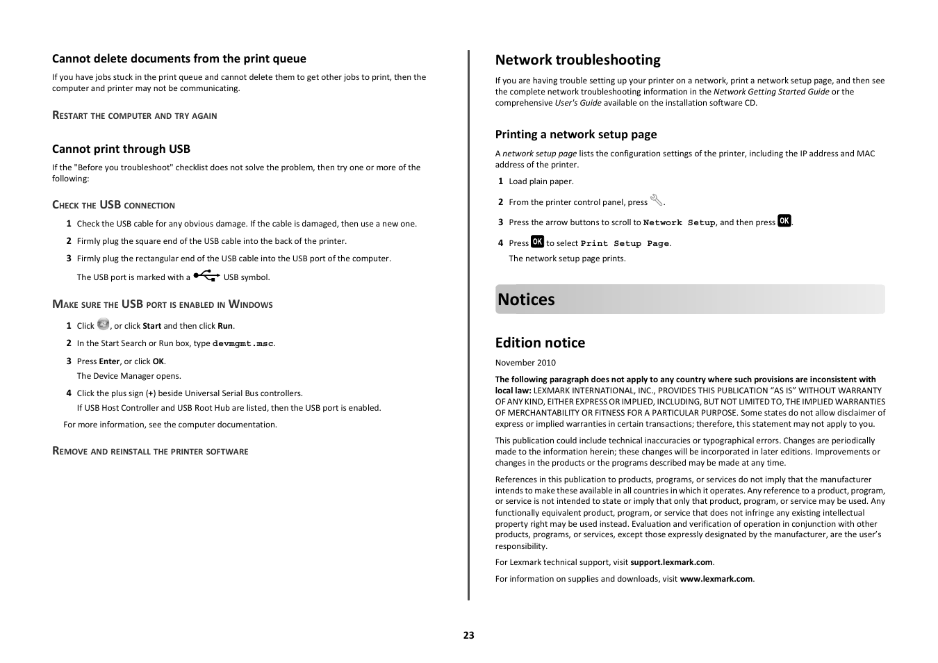 Cannot delete documents from the print queue, Cannot print through usb, Network troubleshooting | Notices, Edition notice | Lexmark PRO700 User Manual | Page 23 / 24