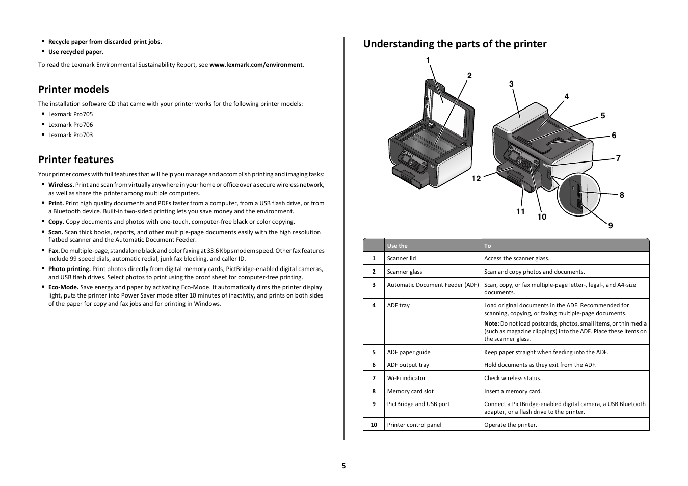 Printer models, Printer features, Understanding the parts of the printer | Lexmark PRO700 User Manual | Page 5 / 24