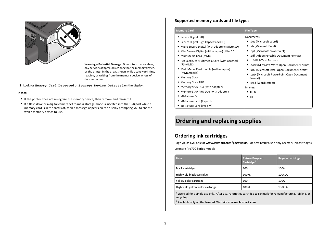 Supported memory cards and file types, Ordering and replacing supplies, Ordering ink cartridges | Lexmark PRO700 User Manual | Page 9 / 24