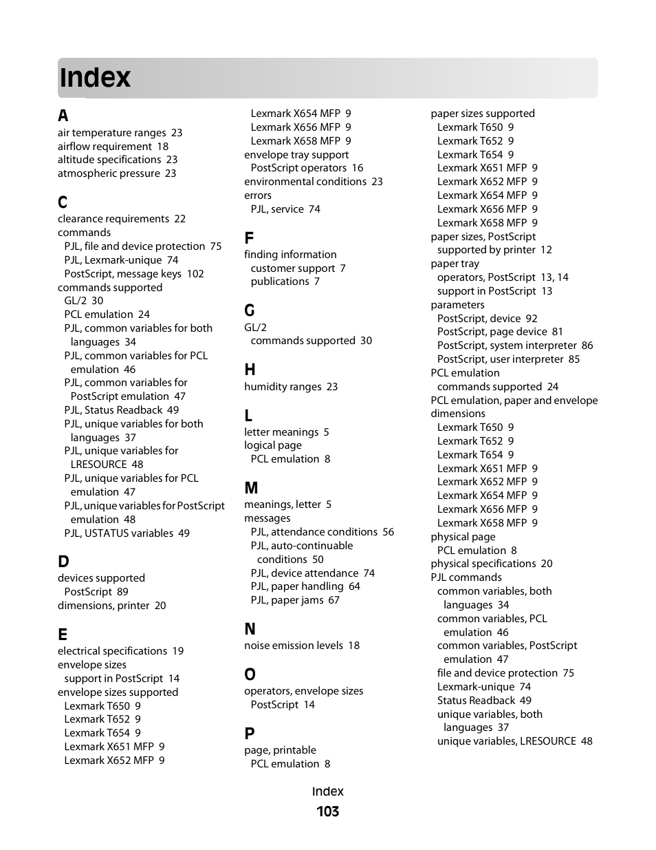 Index | Lexmark X658 MFP User Manual | Page 103 / 104