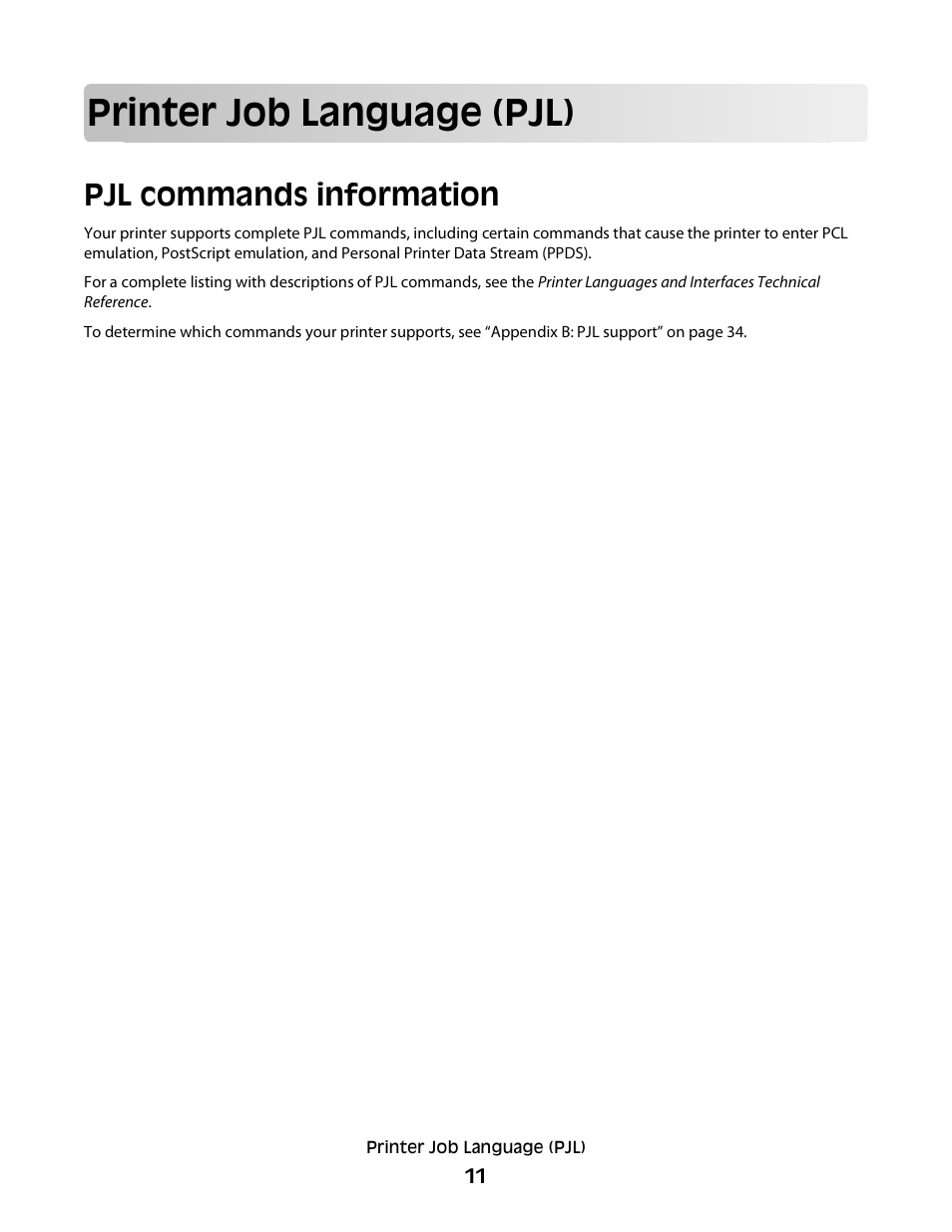 Printer job language (pjl), Pjl commands information | Lexmark X658 MFP User Manual | Page 11 / 104