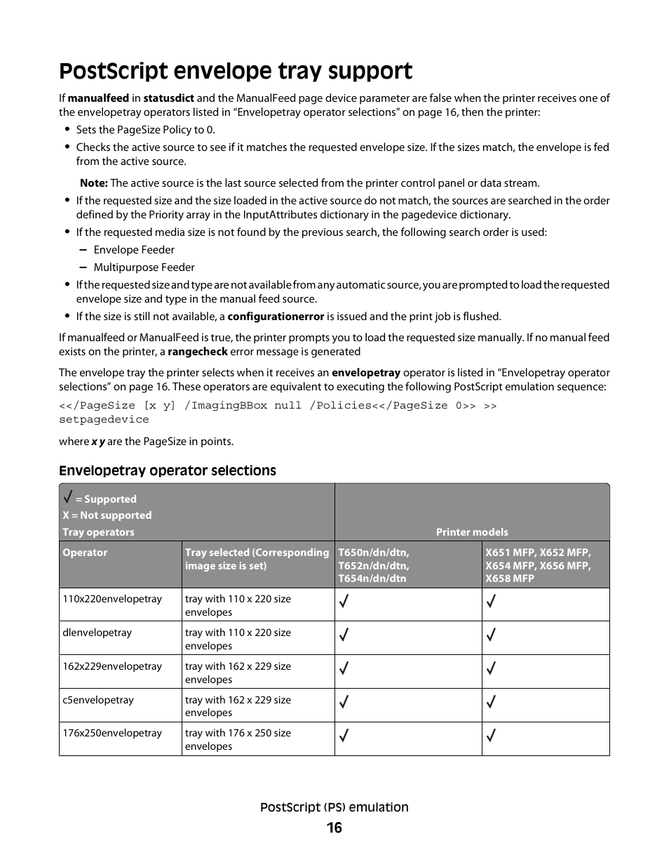 Postscript envelope tray support | Lexmark X658 MFP User Manual | Page 16 / 104