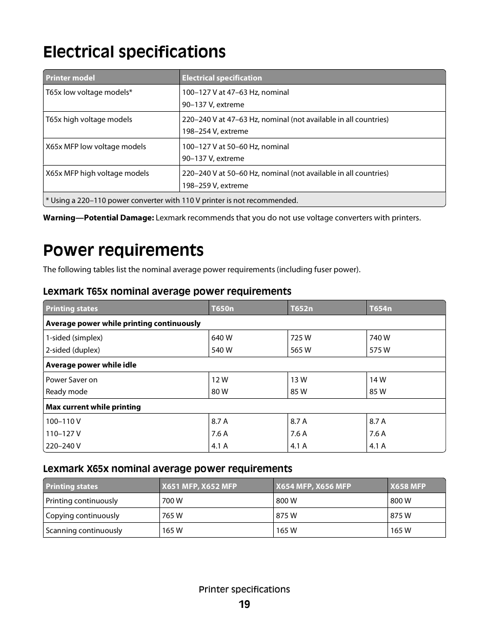 Electrical specifications, Power requirements | Lexmark X658 MFP User Manual | Page 19 / 104