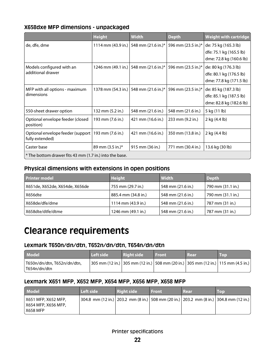 Clearance requirements | Lexmark X658 MFP User Manual | Page 22 / 104