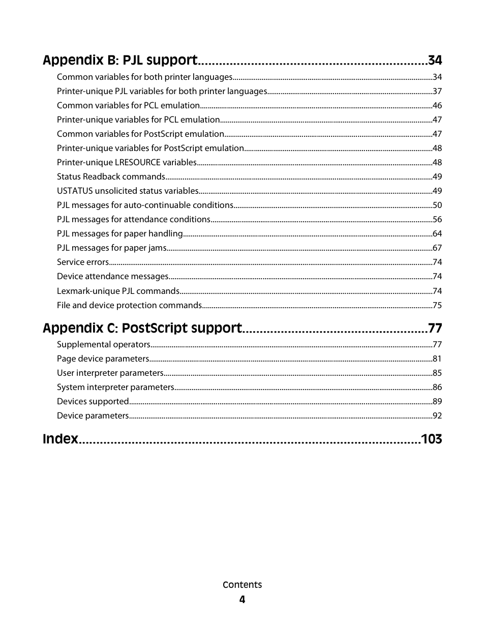 Appendix b: pjl support, Appendix c: postscript support, Index | Lexmark X658 MFP User Manual | Page 4 / 104
