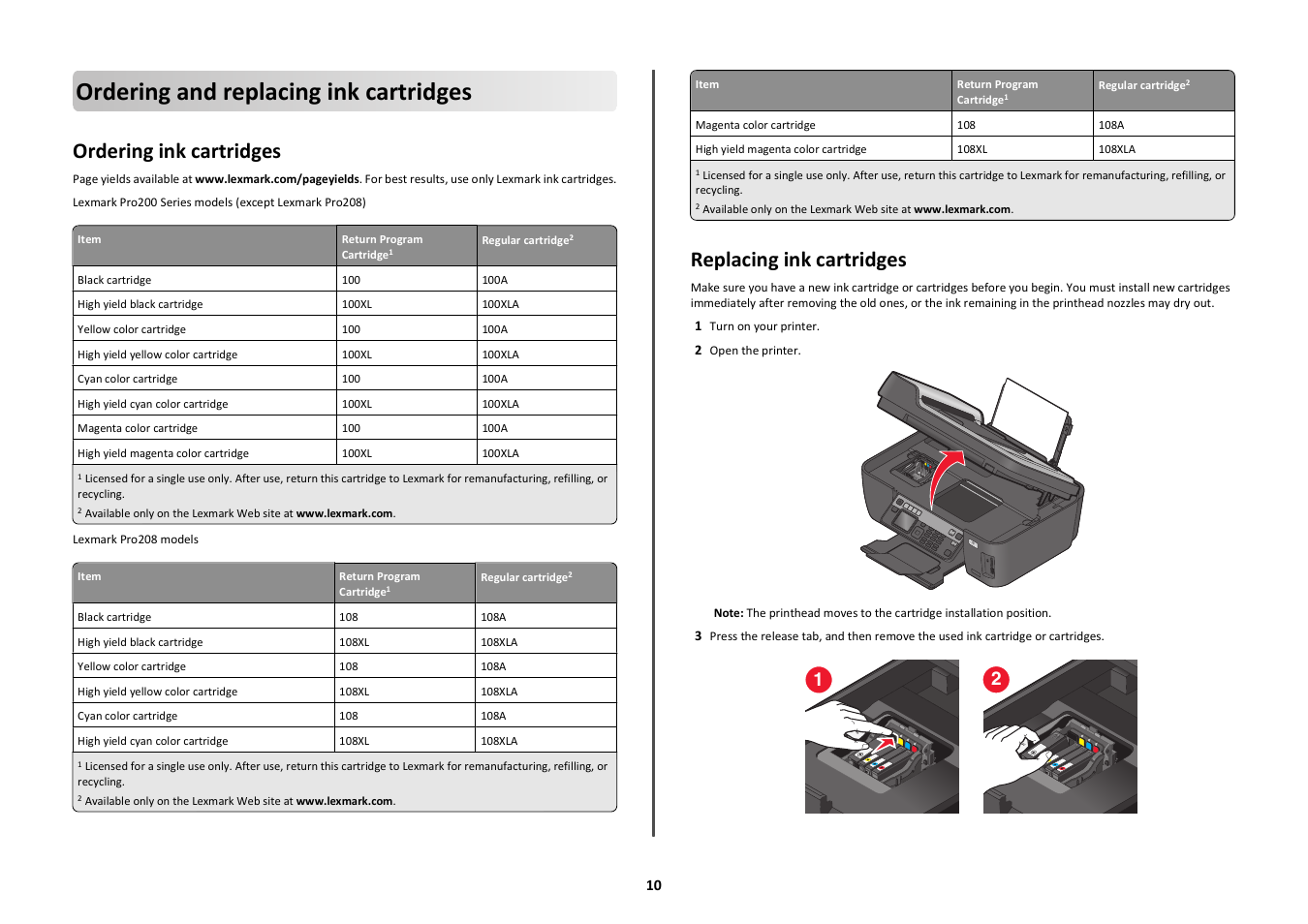 Ordering and replacing ink cartridges, Ordering ink cartridges, Replacing ink cartridges | Lexmark Prospect Pro208 User Manual | Page 10 / 27