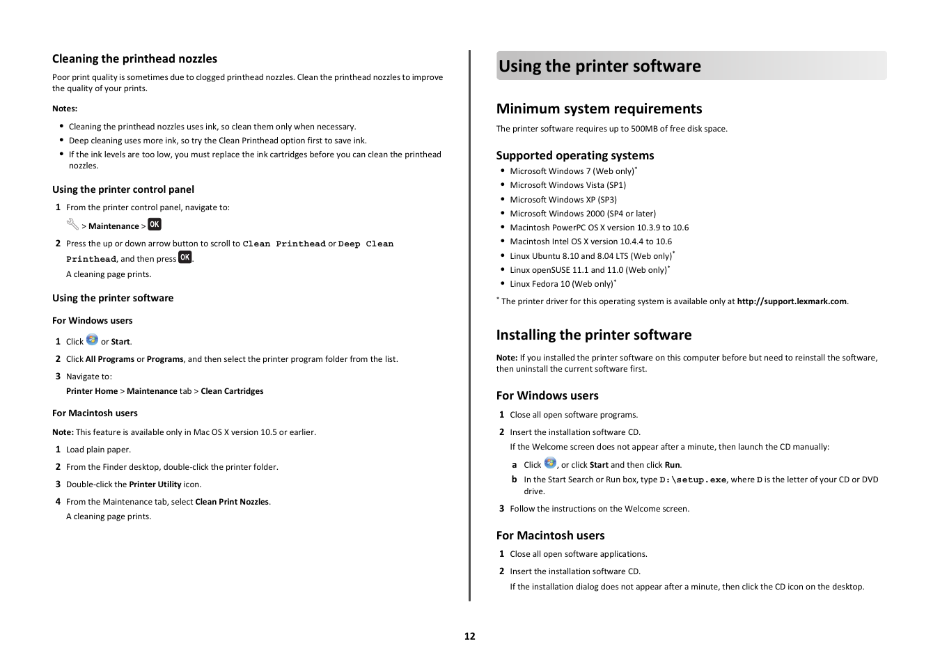 Cleaning the printhead nozzles, Using the printer software, Minimum system requirements | Installing the printer software | Lexmark Prospect Pro208 User Manual | Page 12 / 27