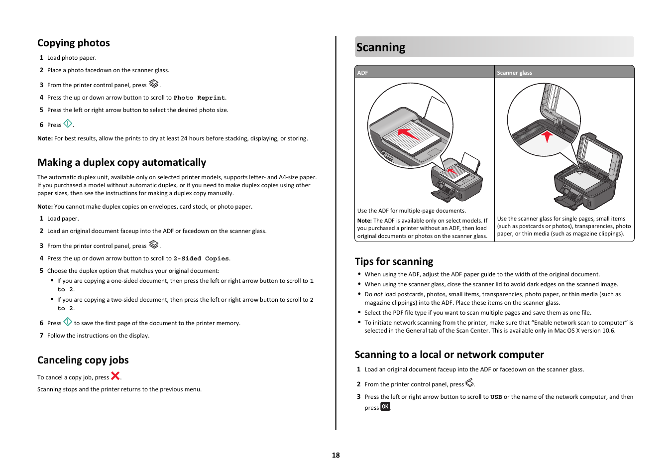 Copying photos, Making a duplex copy automatically, Canceling copy jobs | Scanning, Tips for scanning, Scanning to a local or network computer | Lexmark Prospect Pro208 User Manual | Page 18 / 27