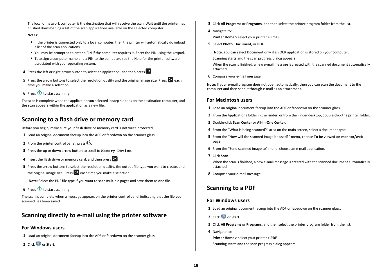 Scanning to a flash drive or memory card, Scanning to a pdf | Lexmark Prospect Pro208 User Manual | Page 19 / 27