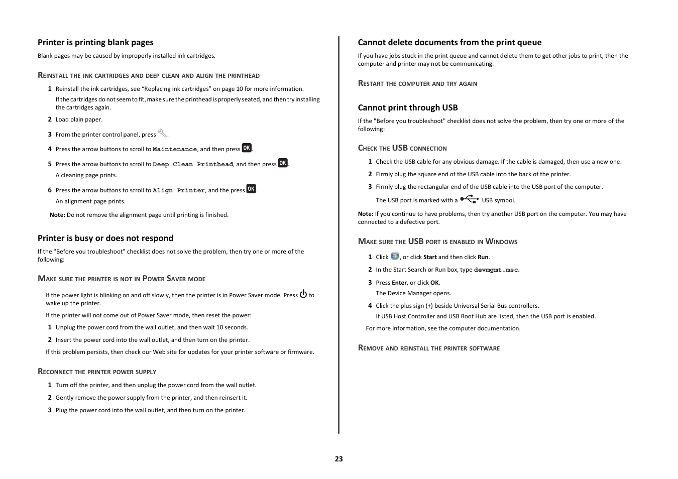 Printer is busy or does not respond, Cannot delete documents from the print queue, Cannot print through usb | Lexmark Prospect Pro208 User Manual | Page 23 / 27