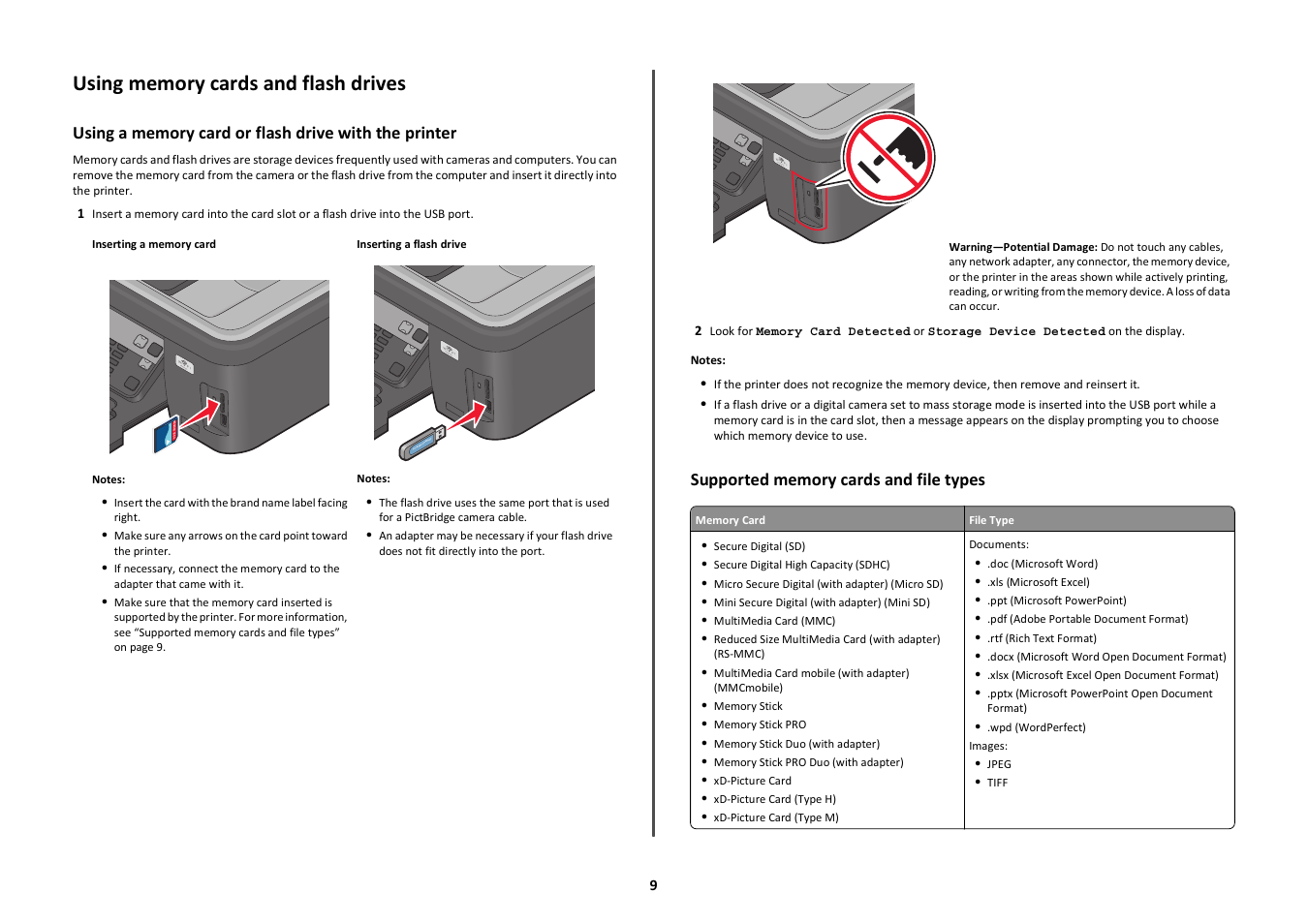 Using memory cards and flash drives, Supported memory cards and file types, Pr in tin g | Lexmark Prospect Pro208 User Manual | Page 9 / 27