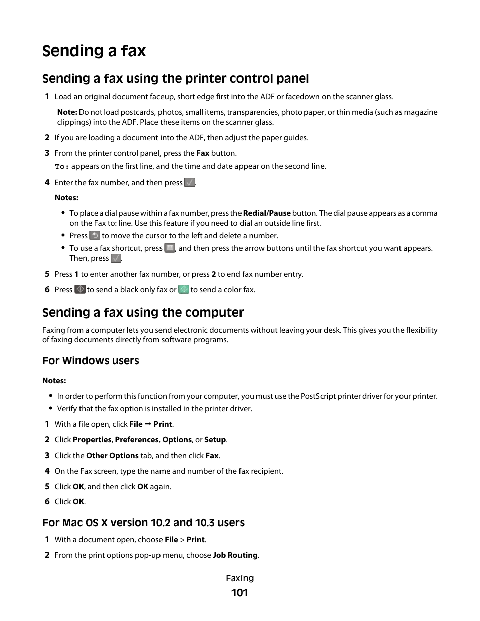 Sending a fax, Sending a fax using the printer control panel, Sending a fax using the computer | Lexmark 382 User Manual | Page 101 / 258