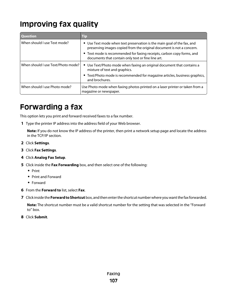 Improving fax quality, Forwarding a fax, Improving fax quality forwarding a fax | Lexmark 382 User Manual | Page 107 / 258