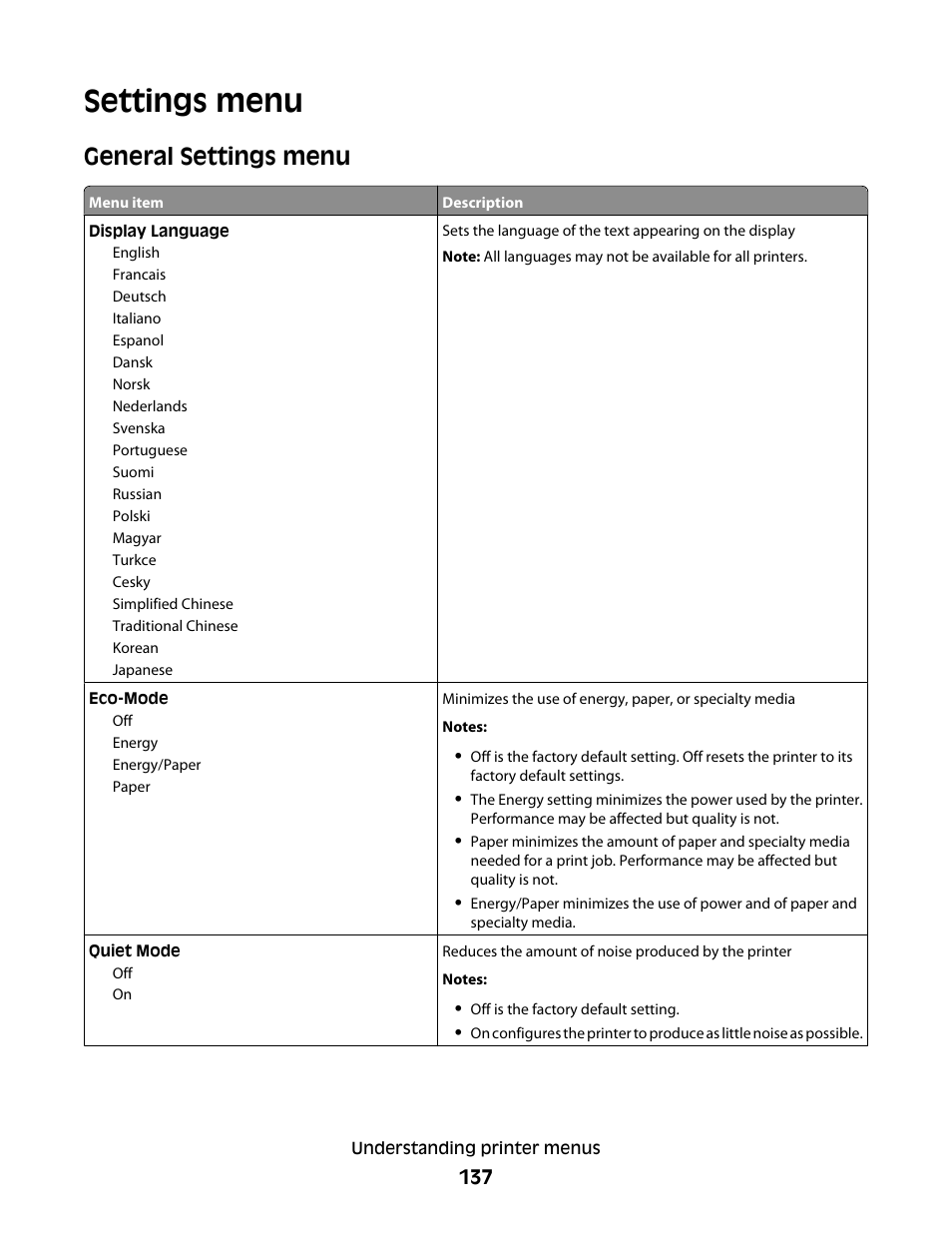 Settings menu, General settings menu | Lexmark 382 User Manual | Page 137 / 258