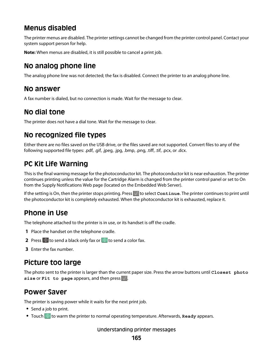 Menus disabled, No analog phone line, No answer | No dial tone, No recognized file types, Pc kit life warning, Phone in use, Picture too large, Power saver | Lexmark 382 User Manual | Page 165 / 258