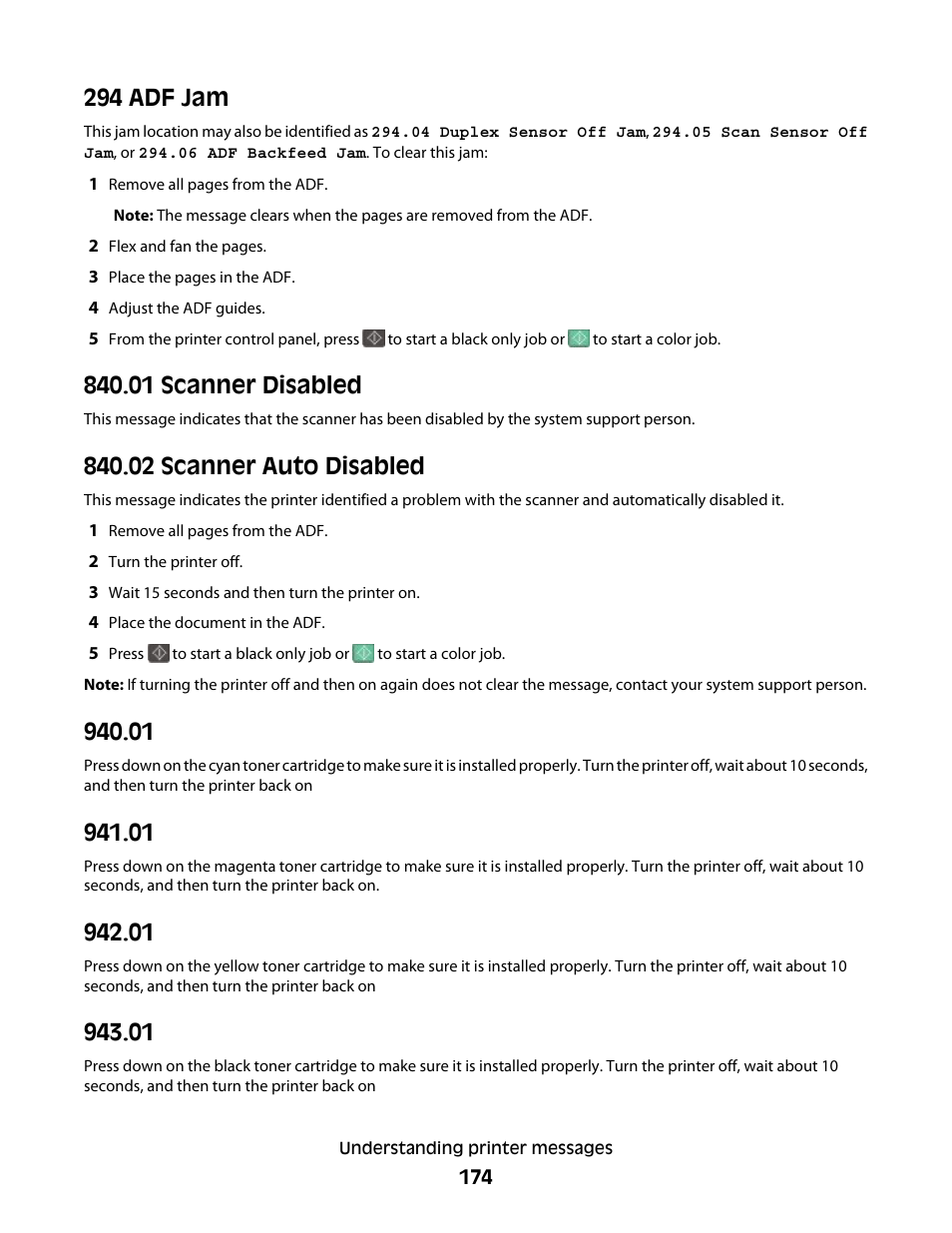 294 adf jam, 01 scanner disabled, 02 scanner auto disabled | Lexmark 382 User Manual | Page 174 / 258