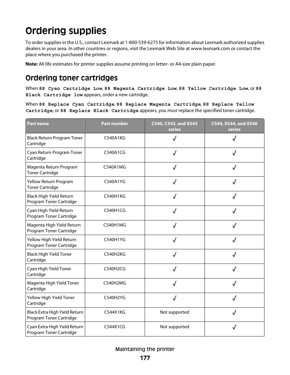 Ordering supplies, Ordering toner cartridges | Lexmark 382 User Manual | Page 177 / 258