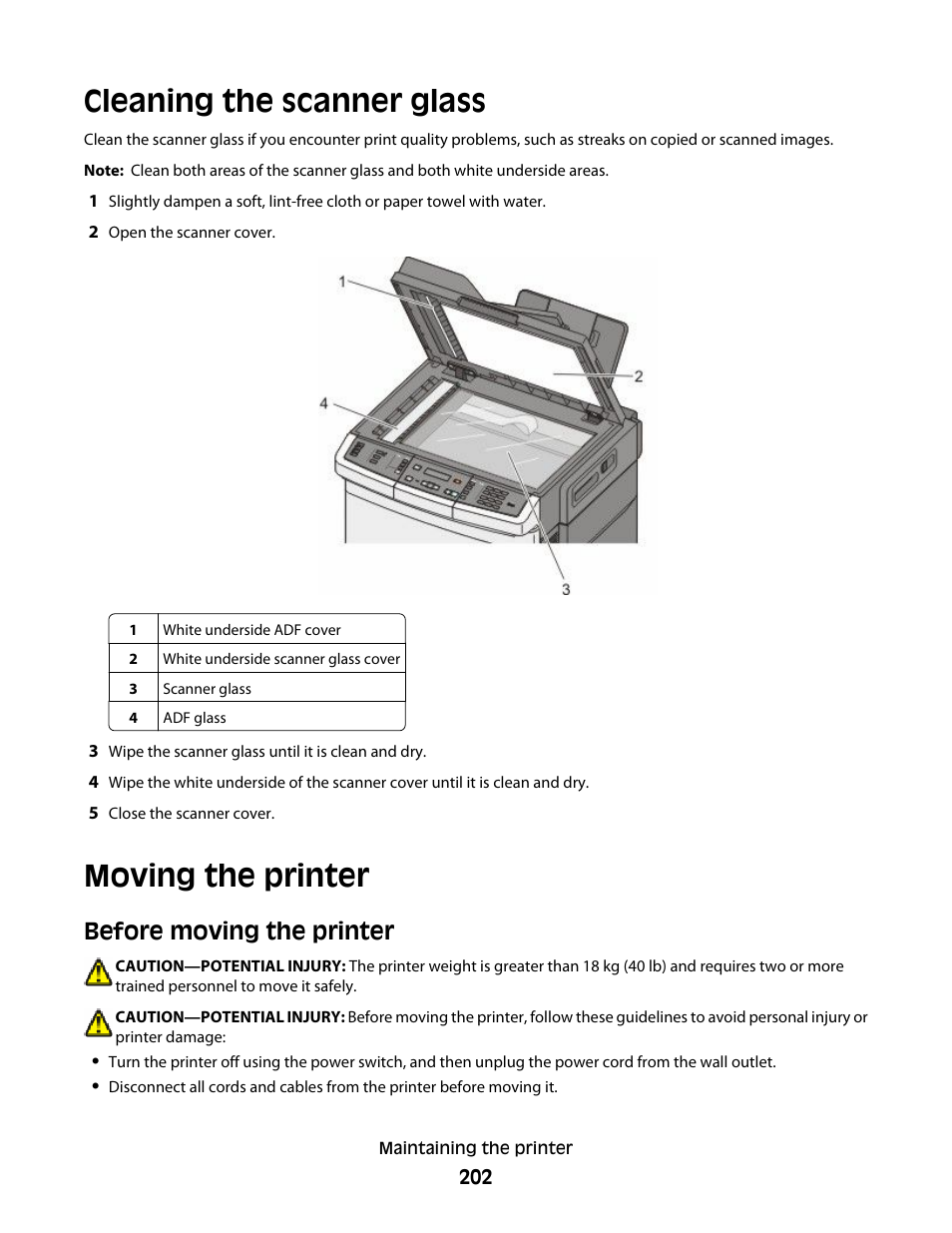 Cleaning the scanner glass, Moving the printer, Before moving the printer | Cleaning the scanner glass moving the printer | Lexmark 382 User Manual | Page 202 / 258