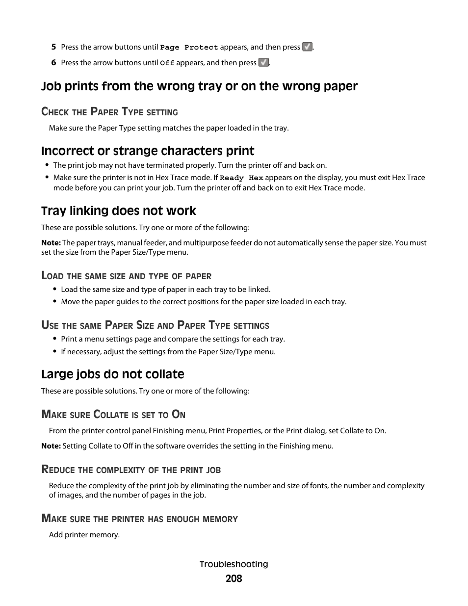 Incorrect or strange characters print, Tray linking does not work, Large jobs do not collate | Lexmark 382 User Manual | Page 208 / 258