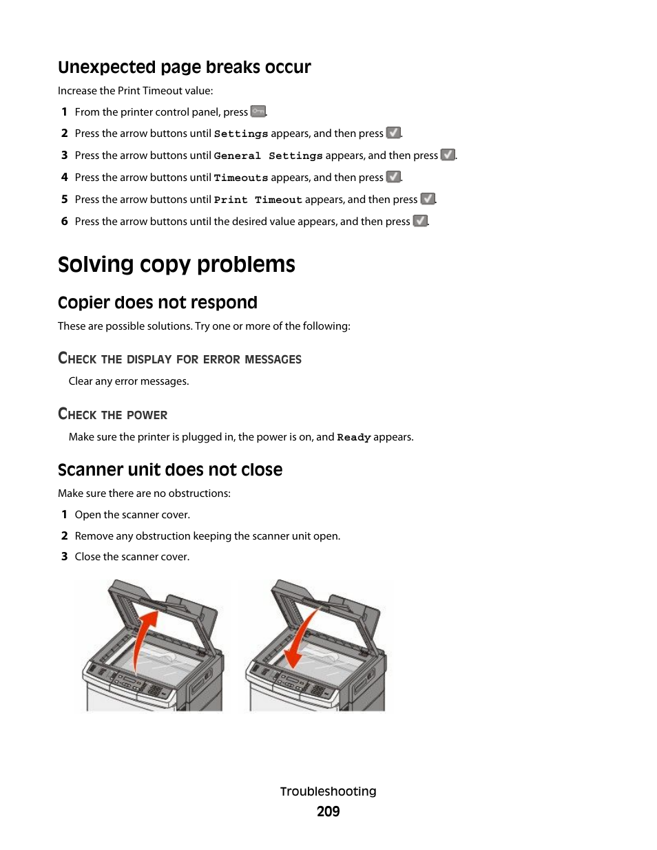 Solving copy problems, Copier does not respond, Scanner unit does not close | Unexpected page breaks occur | Lexmark 382 User Manual | Page 209 / 258