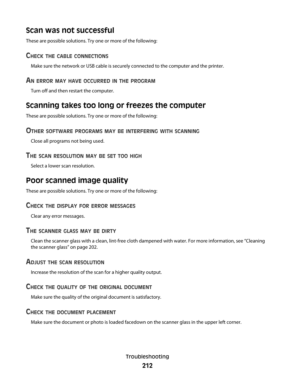 Scan was not successful, Scanning takes too long or freezes the computer, Poor scanned image quality | Lexmark 382 User Manual | Page 212 / 258