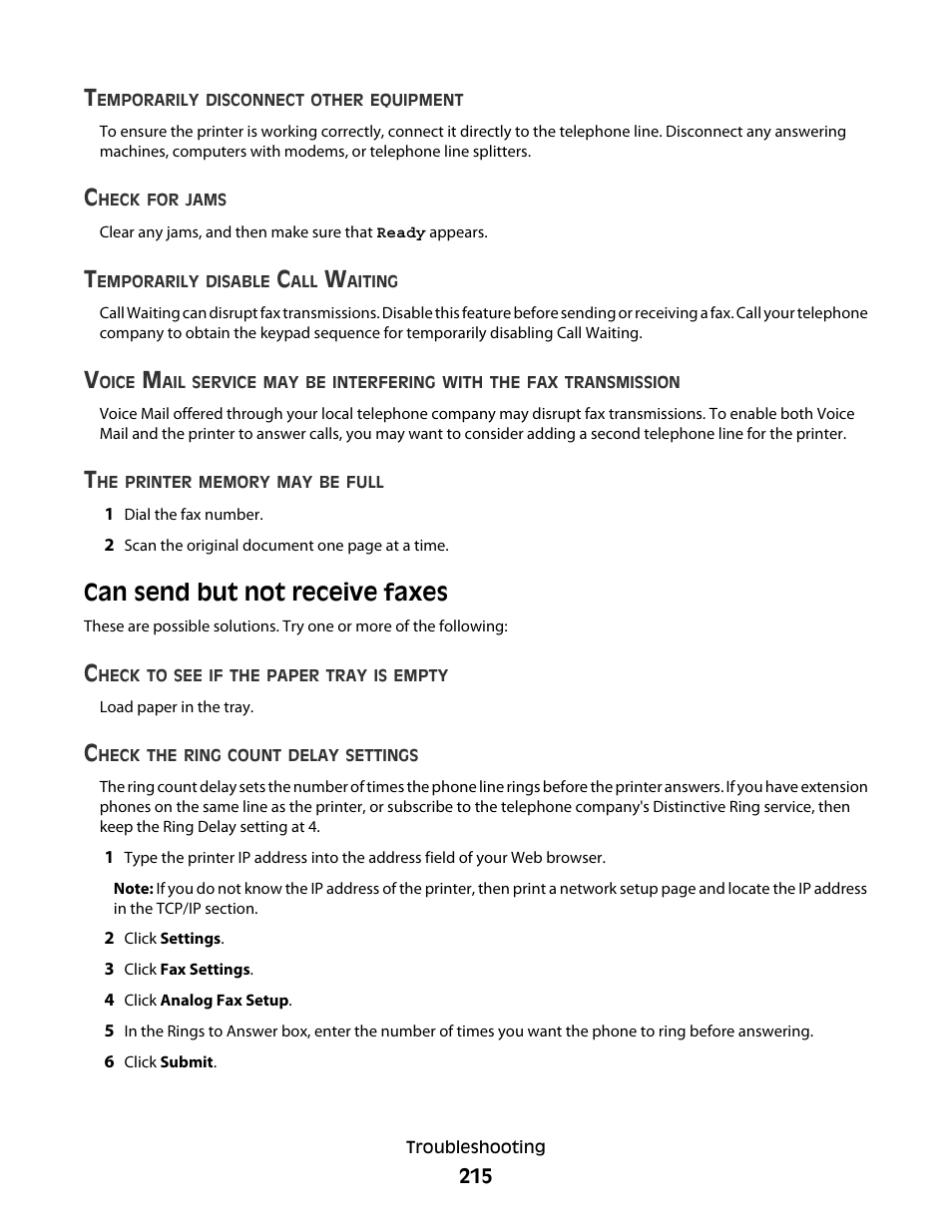 Can send but not receive faxes | Lexmark 382 User Manual | Page 215 / 258