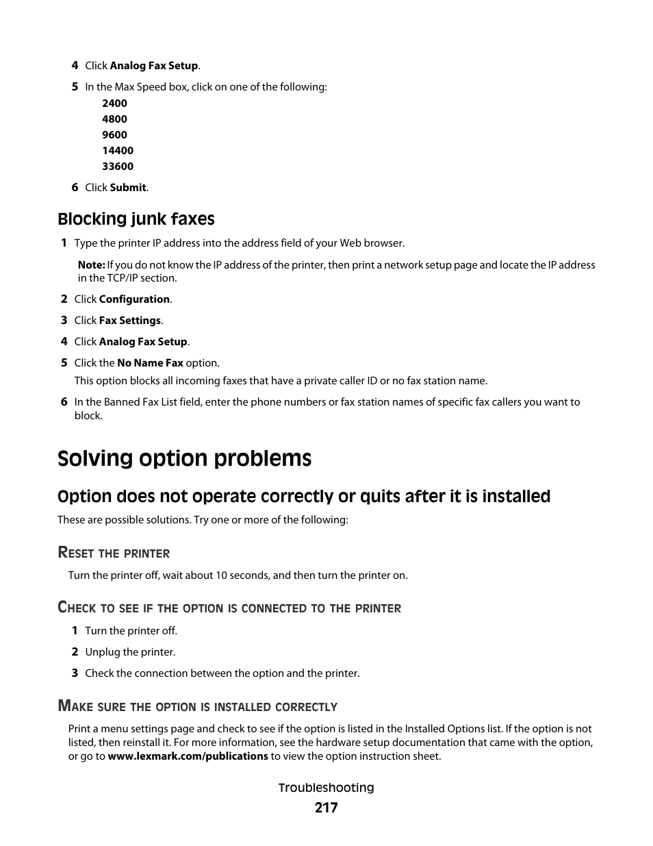 Blocking junk faxes, Solving option problems | Lexmark 382 User Manual | Page 217 / 258