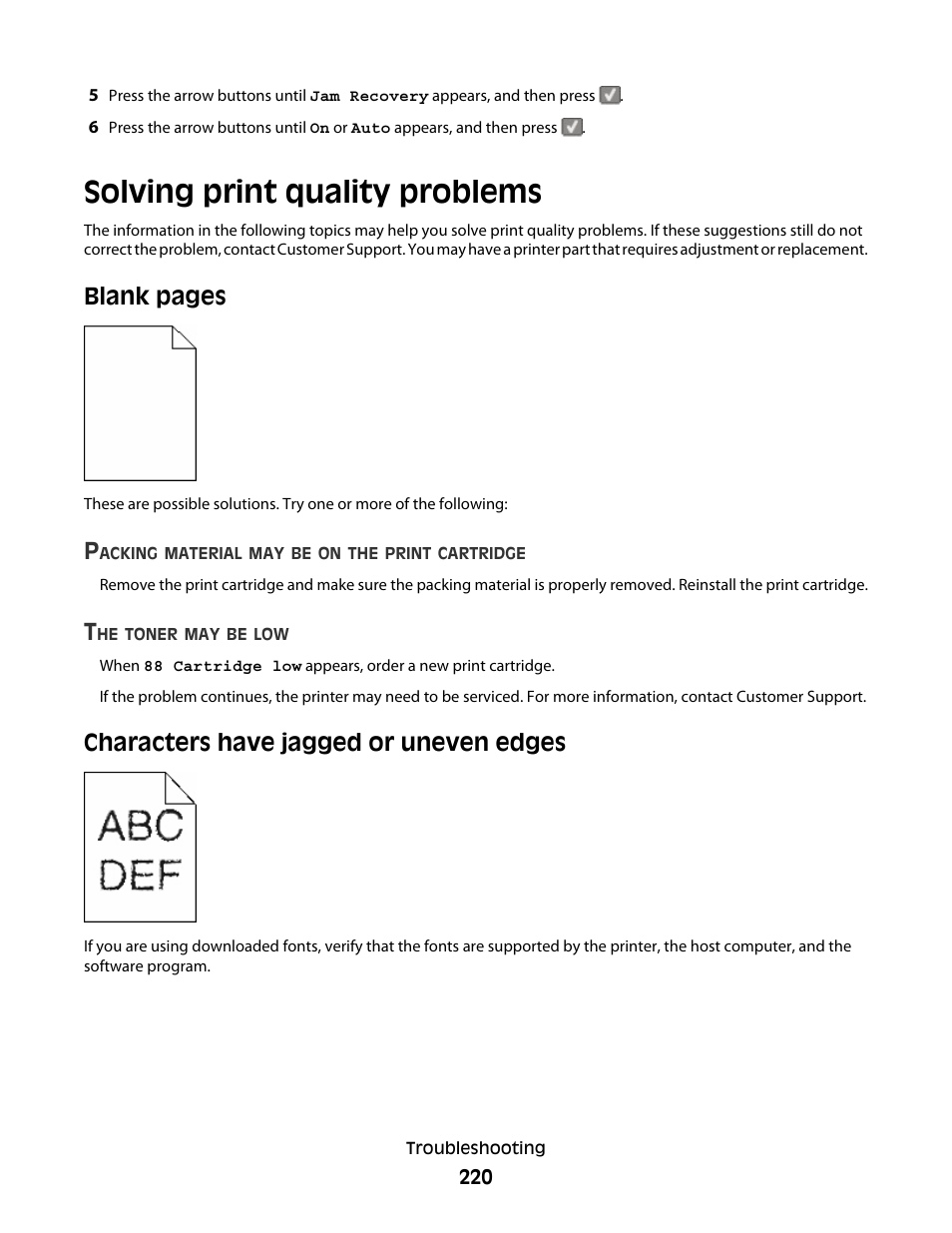 Solving print quality problems, Characters have jagged or uneven edges, Blank pages | Lexmark 382 User Manual | Page 220 / 258