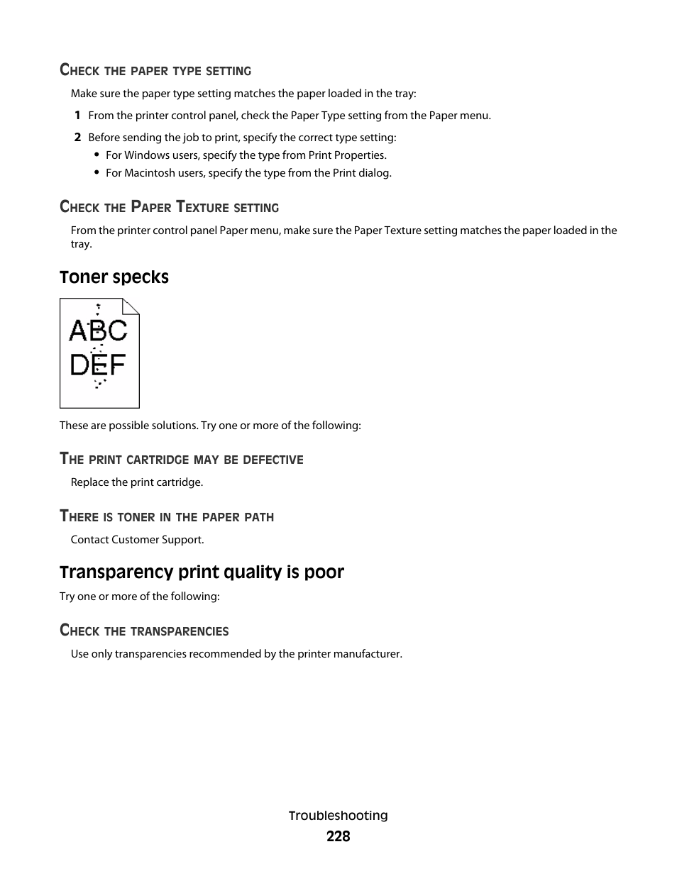 Toner specks, Transparency print quality is poor, Toner specks transparency print quality is poor | Lexmark 382 User Manual | Page 228 / 258