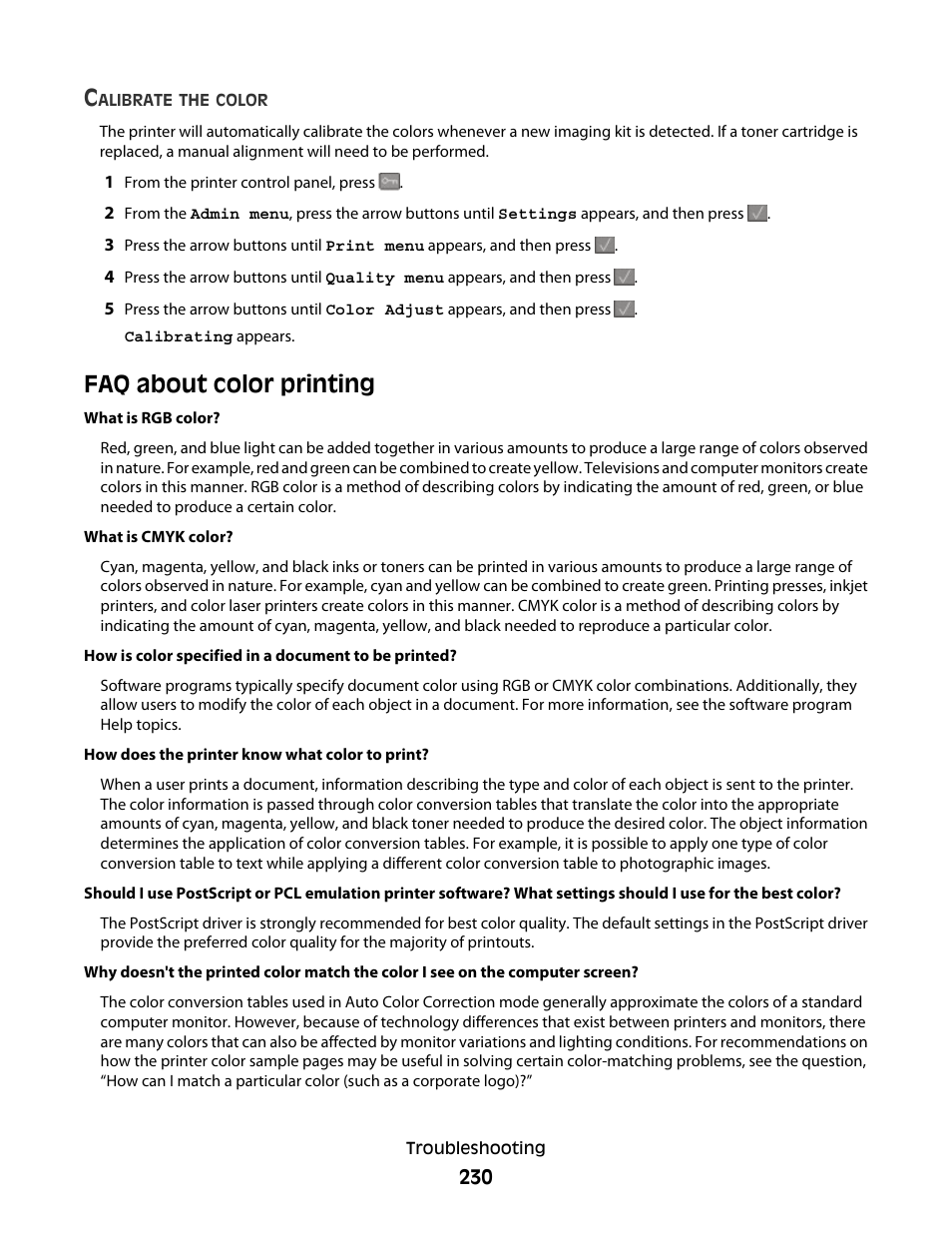 Faq about color printing | Lexmark 382 User Manual | Page 230 / 258