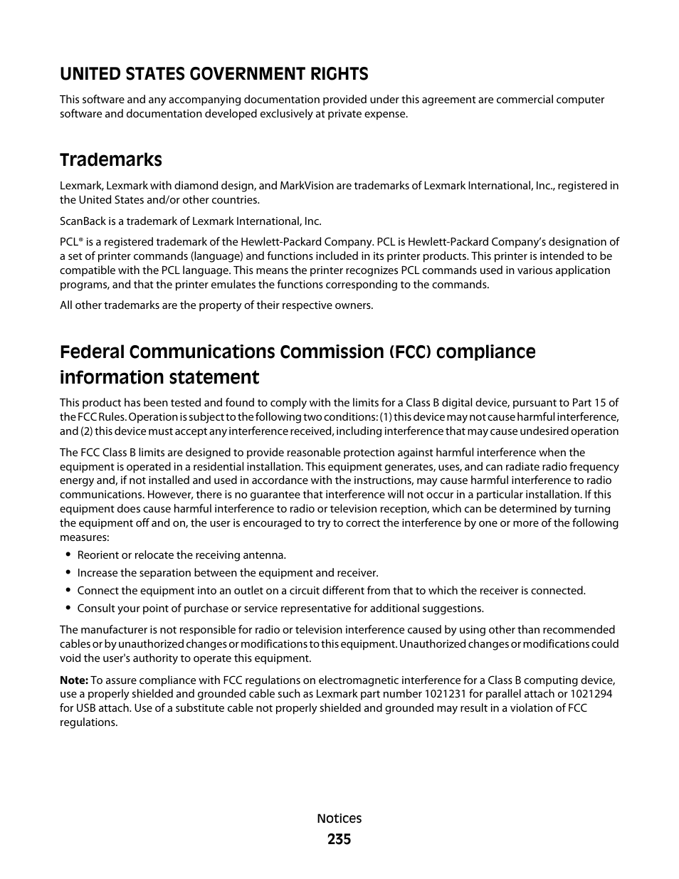 United states government rights, Trademarks | Lexmark 382 User Manual | Page 235 / 258