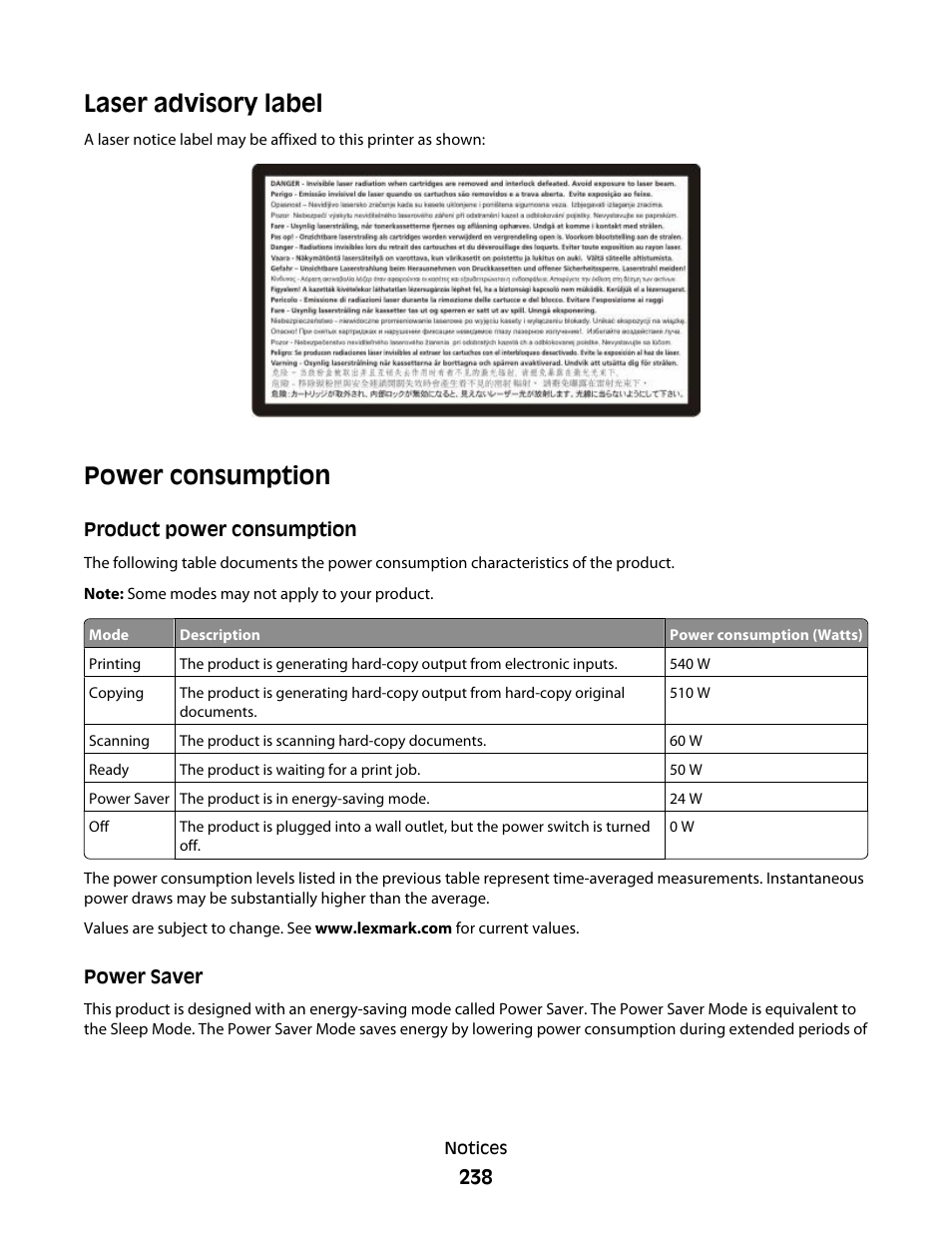 Laser advisory label, Power consumption, Product power consumption | Power saver | Lexmark 382 User Manual | Page 238 / 258