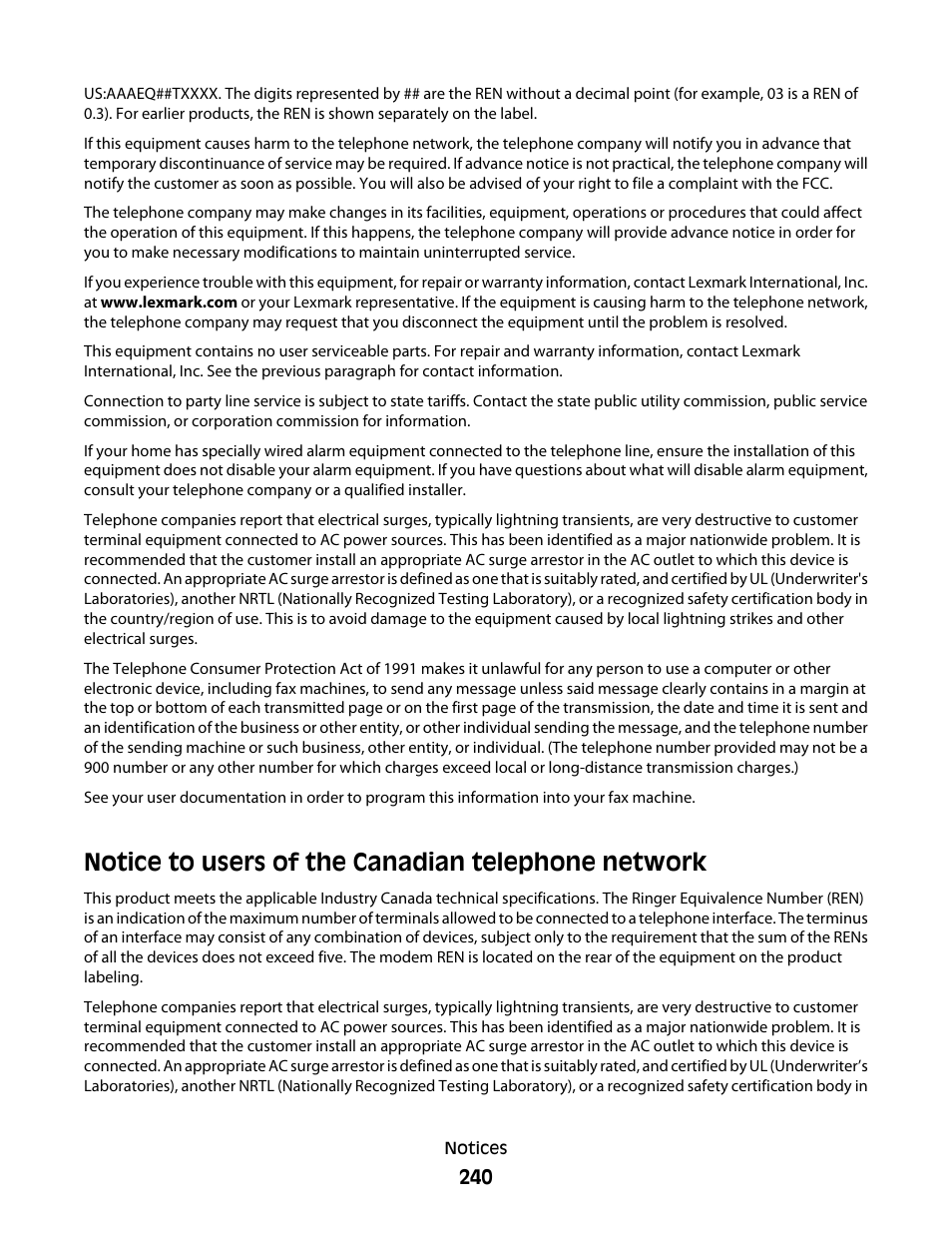 Notice to users of the canadian telephone network | Lexmark 382 User Manual | Page 240 / 258