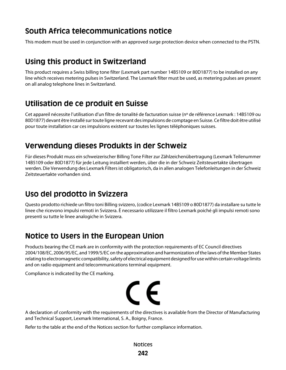 South africa telecommunications notice, Notice to users in the european union, Using this product in switzerland | Utilisation de ce produit en suisse, Verwendung dieses produkts in der schweiz, Uso del prodotto in svizzera | Lexmark 382 User Manual | Page 242 / 258