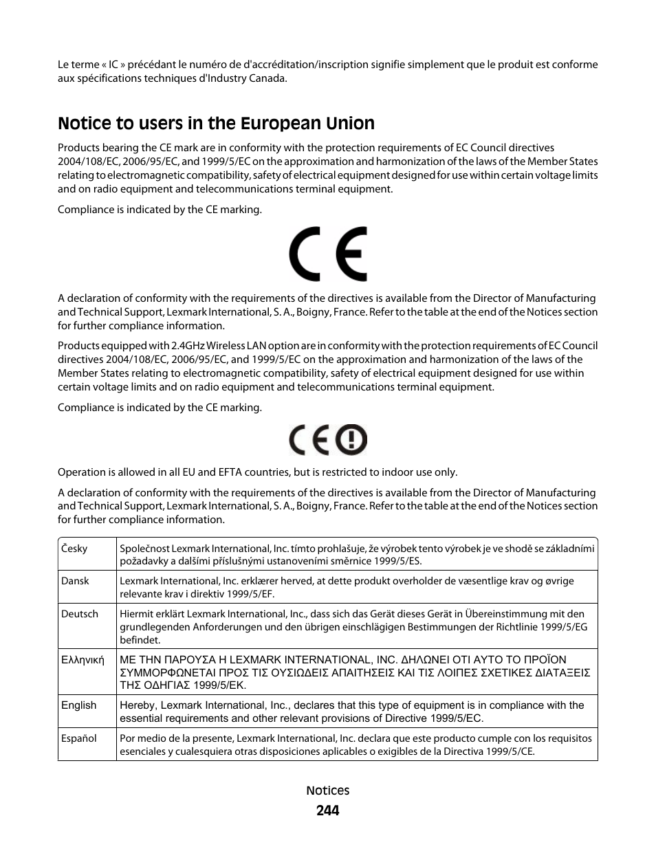 Notice to users in the european union | Lexmark 382 User Manual | Page 244 / 258